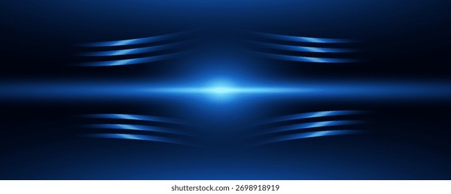Laser lines of light. Horizontal neon light. Neon blue horizontal speed lines. Glowing stripes. Laser beams. light lines of movement and speed in neon color.Beautiful flash of light and sparks.
