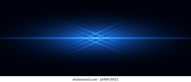 Laser lines of light. Horizontal neon light. Neon blue horizontal speed lines. Glowing stripes. Laser beams. light lines of movement and speed in neon color.Beautiful flash of light and sparks.