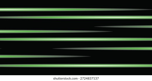 Líneas de luz láser. Horizontal luz de neón. Líneas de velocidad Horizontal verde neón. Rayas brillantes. Rayos láser. líneas de luz de movimiento y velocidad en color neón. Hermoso destello de luz y chispas.