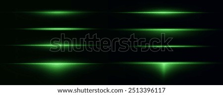 Laser lines of light. Horizontal neon light. Neon green horizontal speed lines. Glowing stripes. Laser beams. light lines of movement and speed in neon color.Beautiful flash of light and sparks.