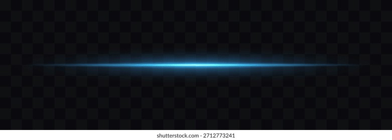 Laser lines of light. The shine of horizontal laser beams. Blue light lines. Horizontal light rays, movement of a luminous line on a transparent background, a beautiful light flash, bright highlights.