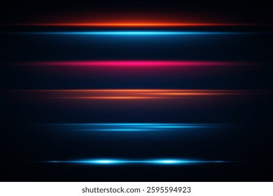 Laser lines network. Neon light effect. Horizontal beams on dark background. EPS 10.