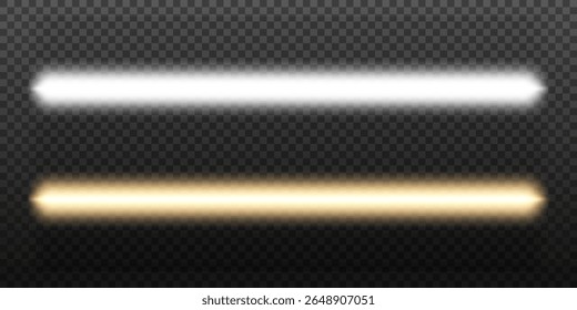 Laser e barras de luz de néon luminoso. Neon levou tubos de luz. Branco fluorescente e amarelo brilhante. Ilustração vetorial sobre fundo transparente