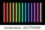 Laser and Luminous neon sticks isolated, gradient lights lines set in different rainbow colors. Red, Orange, Yellow, Green, Blue, Purple, Violet and White. Led neon lamp tube, glowing vector.