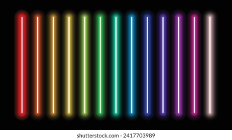 Laser and Luminous neon sticks isolated, gradient lights lines set in different rainbow colors. Red, Orange, Yellow, Green, Blue, Purple, Violet and White. Led neon lamp tube, glowing vector.