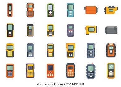 Iconos del medidor láser configuran un vector plano. Distancia de nivel. Meter aislado digital
