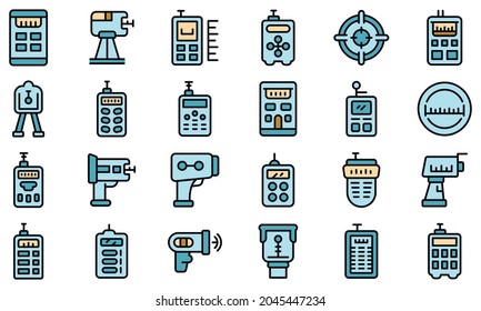 Iconos del medidor láser. Conjunto de esquemas de iconos vectoriales del medidor láser color de línea delgada plano aislado en blanco