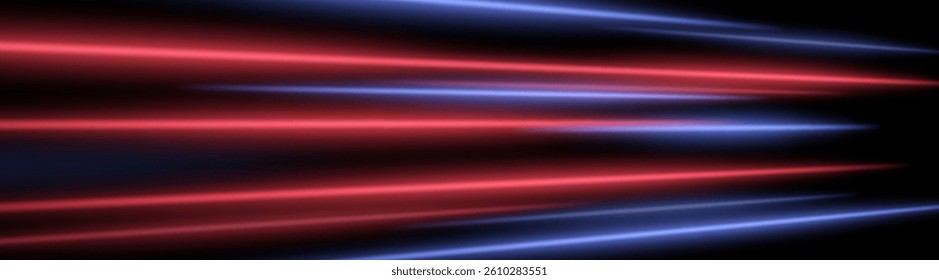 Laser motion lines. Red and blue sharp beams burst with glowing core and depth fade. Futuristic linear dynamic light.