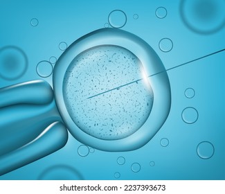 Inyección de aguja láser en la célula. Funcionamiento médico. Investigación del ADN humano, biotecnología y medicina, inseminación artificial fondo vectorial realista con aguja en la célula bajo el microscopio