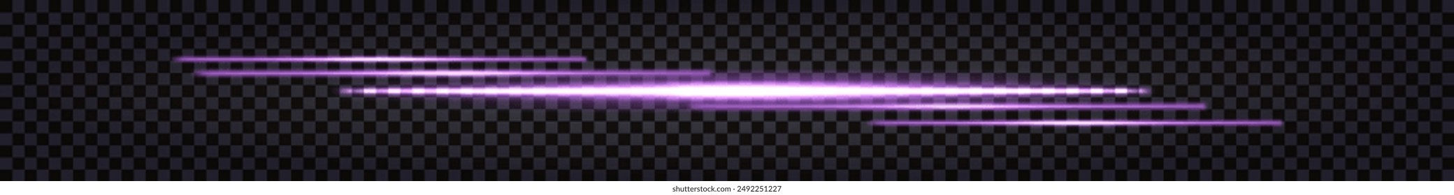 Laser neon glowing beams, purple light sticks. Luminous lines with electric LED effect. Isolated on transparent background. Vector illustration