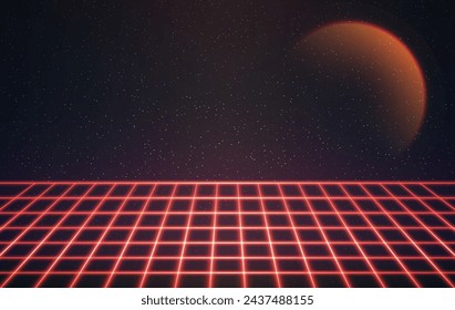 Laser Neon Grid With Stars and Halo. Retro Futuristic Design in 80s Style. Synthwave, Retrowave, Vaporwave Theme