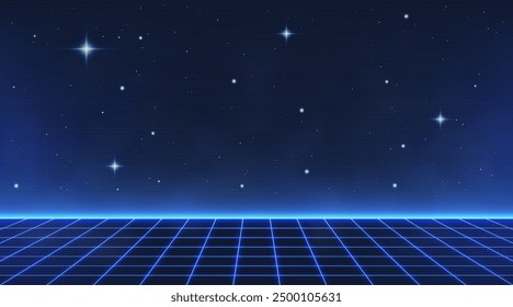 Laser Neon Grid With Stars and Mist. Retro Futuristic Design in 80s Style. Synthwave, Retrowave Theme