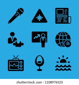 laser, news paper, worldwide, microphone, sunrise, television, strategic, presentation and chair vector icon. Simple icons set