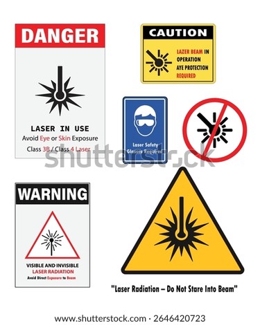 Laser no entry sign set with red slashes and laser beam icons in various styles—ideal for marking restricted laser zones in labs, medical areas, and industrial environments.