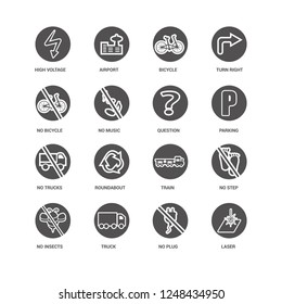 Laser, No music, High voltage, Airport, step, Train, Roundabout, plug icon 16 set EPS 10 vector format. Icons optimized for both large and small resolutions.