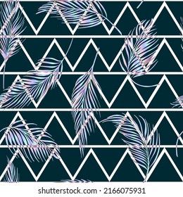 Hojas de palma láser vectorial tropical sin soldadura en fondo triangular geométrico abstracto