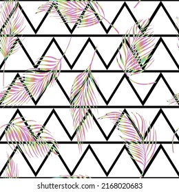 Laser palm leaves tropical vector seamless pattern on abstract geometric triangular background