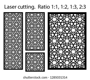 Laser pattern. Set of decorative vector panels for laser cutting. Template for interior partition in arabesque style. Ratio 1:1,1:2,1:3,2:3