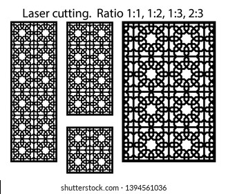 Laser pattern. Set of decorative vector panels for laser cutting. Template for interior partition in arabesque style. Ratio 1:1,1:2,1:3,2:3