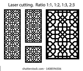 Laser pattern. Set of decorative vector panels for laser cutting. Template for interior partition in arabesque style. Ratio 1:1,1:2,1:3,2:3