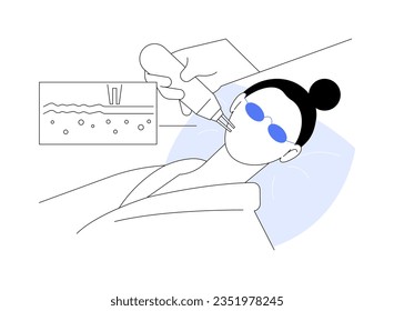 Ilustración vectorial de concepto abstracta de láseres. El doctor hace cáscaras láser a la mujer, trabajadora de medicina, cirugía plástica, proceso de regeneración de la piel, procedimiento dermatológico metáfora abstracta.