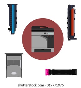 Laser Printer And Print Equipment Set. Cartridge, Toner And Paper Tray Design. Vector Copier And Hardware Parts. Technology Image With Accessories. Modern Digital Equipment.