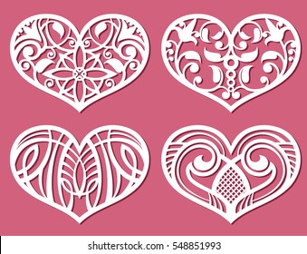 Laser printing romantic lacy wedding hearts with carved pattern vector set.