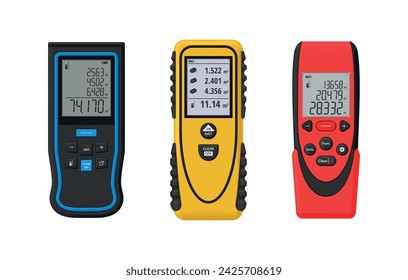 Laser rangefinder digital device for distance measure with display buttons set realistic vector illustration. Industrial engineering measurement analyzing precision ruler construction technology