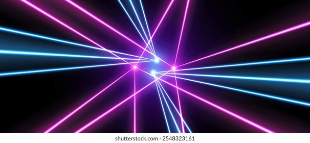 Laser rays or beams, glowing neon lines, bright futuristic background. Motion or speed light effect. Concert or nightclub spotlights. Vector illustration.