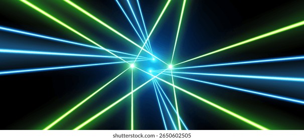 Rayos o rayos láser, líneas de neón brillantes, fondo futurista brillante