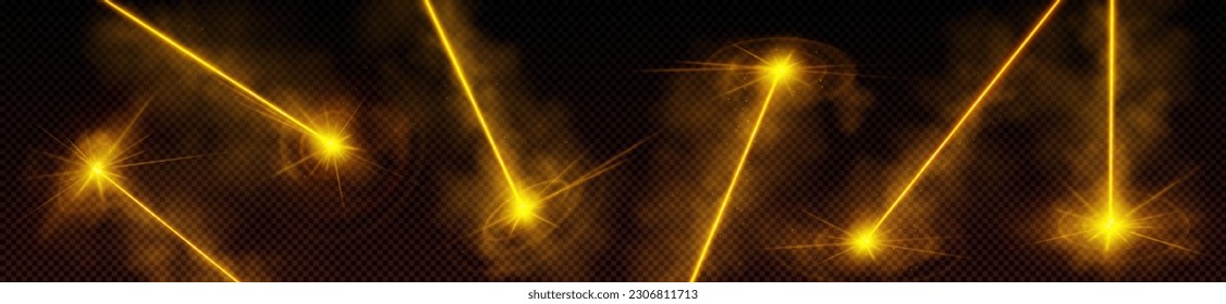 Laser rays, effect of neon light beams. Abstract shiny gold rays, futuristic security or scanner flare beams isolated on dark transparent background, vector realistic illustration