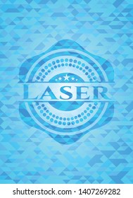 Laser realistic light blue emblem. Mosaic background