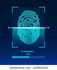 Laser scanning of fingerprint, Finger-print Scanning Identification System, Biometric Authorization and Security Concept, vector illustration of digital biometric security technology.