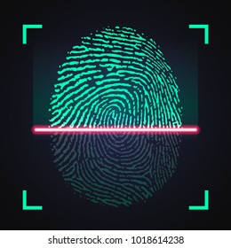 Laser Scanning Of Fingerprint, Vector Illustration Of Digital Biometric Security Technology