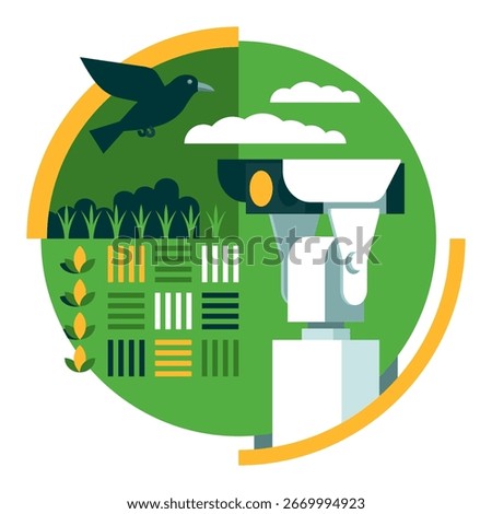 Laser scarecrows concept - modern pest control method using laser beams to deter birds and other animals from agricultural crops. Environmentally friendly alternative to traditional protecting methods