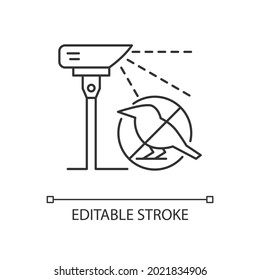 Laser scarecrows linear icon. Modern device that scares off birds. Automated targeting on bird. Thin line customizable illustration. Contour symbol. Vector isolated outline drawing. Editable stroke