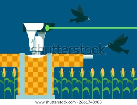 Laser scarecrows - modern pest control method using laser beams to deter birds and other animals from agricultural crops. Environmentally friendly alternative to traditional protecting methods