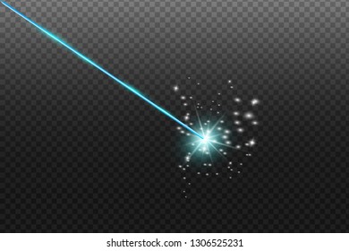 Laser security beam isolated on dark background. Magic blue shine light ray with glow target flash. Vector blue neon or laser line effect for your design.