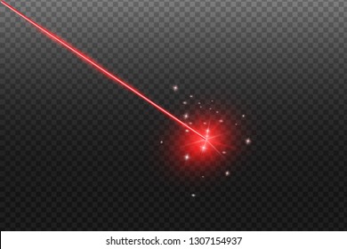 Laser security beam isolated on dark background. Magic red shine light ray with glow target flash. Vector red neon or laser line effect for your design.