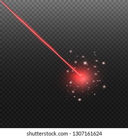 Laser security beam isolated on dark background. Magic red shine light ray with glow target flash. Vector red neon or laser line effect for your design.