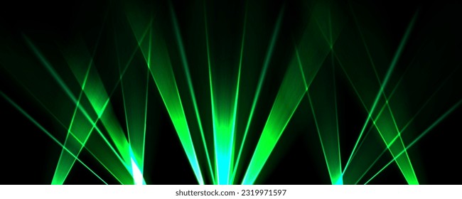 Laser show background with light beams at night. Abstract spotlight rays. Green glow beams on disco party in club or music concert, vector realistic illustration