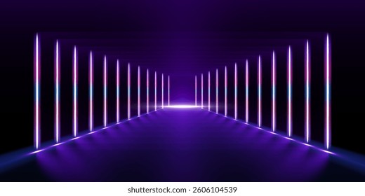 Laser show in a аuturistic corridor. Neon lamps light up a dark tunnel with reflected arrows guiding the way. The sharp contrast of blue and ultraviolet hues draws attention to the glowing direction.	