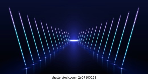 Laser show in a аuturistic corridor. Neon lamps light up a dark tunnel with reflected arrows guiding the way. The sharp contrast of blue and ultraviolet hues draws attention to the glowing direction.	