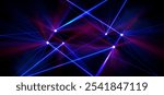 Laser show display with bright neon light beams crossing in geometric patterns on black background. Electric luminous blue and pink rays. Realistic dynamic setup for concert stage performances.