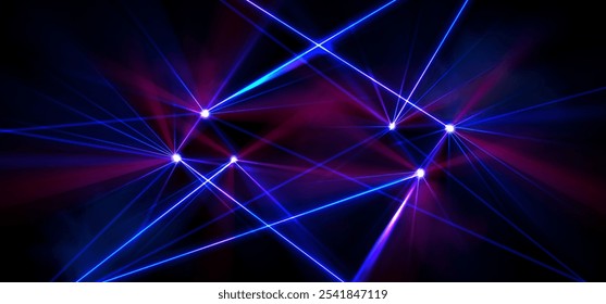 Laser show display with bright neon light beams crossing in geometric patterns on black background. Electric luminous blue and pink rays. Realistic dynamic setup for concert stage performances.