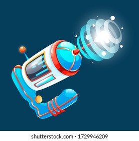 Laser space raygun, retro ray bluster, science fiction weapon for gameplay, alien fantastic rifle, space war, childish handgun, atomic power energy field, cartoon illustration in dark blue background
