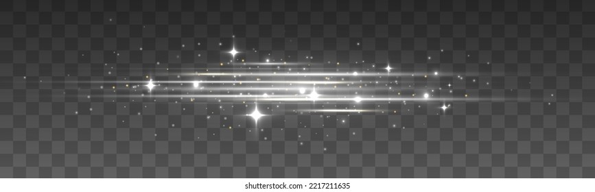 Laser funkelnde Balken, glühende Strahlen silberner Geschwindigkeit, Staub strahlt Licht. Flash Line-Bewegung. Weiße weiche horizontale Neonlinien. Satz abstrakter Objektivfackel. Leuchtendes Funkeln ausgekleidet. Vektorgrafik 