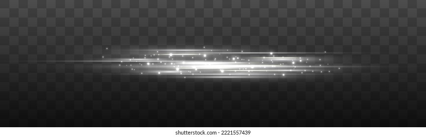 Laser sparkle beams, glowing silver speed rays, dust sparks light effect. White soft horizontal neon lines. Set of abstract lens flares. Flash line motion. Luminous sparkling lined. Vector 