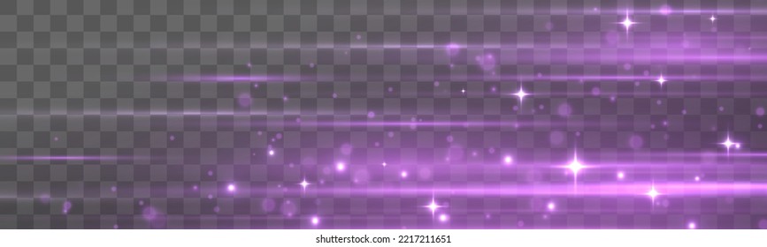 Laser sparkle beams, glowing violet speed rays, dust sparks light effect. Flash purple line motion. Purple soft horizontal neon lines. Set of abstract lens flares. Luminous sparkling lined. Vector