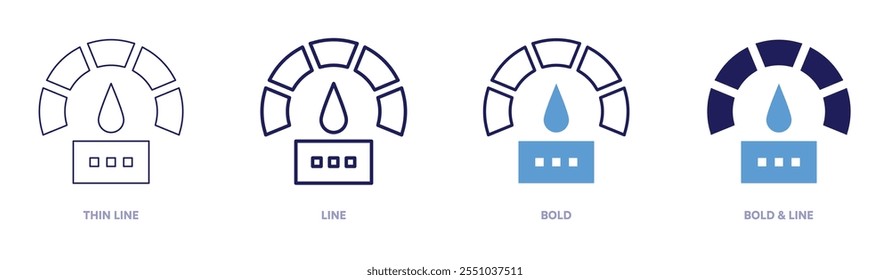 Ícone do velocímetro a laser em 4 estilos diferentes. Linha fina, Linha, Negrito e Linha Negrito. Estilo duotônico. Traçado editável.